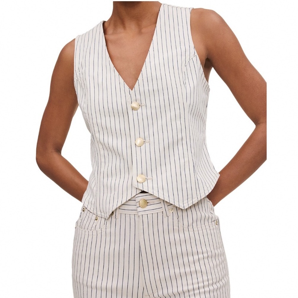 DL1961 Seashell Stripe Denim Vest Cream Navy Pinstripe V-Neck Size Medium NEW